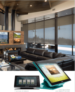 Crestron home with automated shades and multiscreen displays