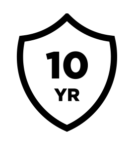 A black-and-white icon featuring the number "10" and the abbreviation "YR" enclosed within a bold shield outline, representing a 10-year warranty or guarantee.
