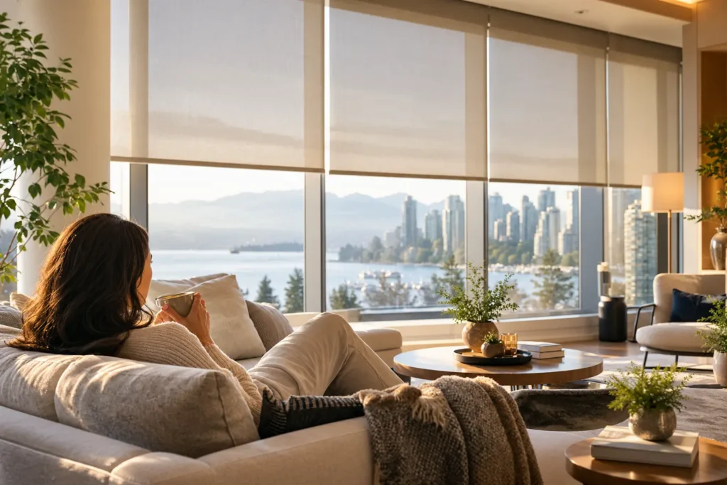 Homeowner relaxing while motorized shades lower automatically in a Vancouver living room