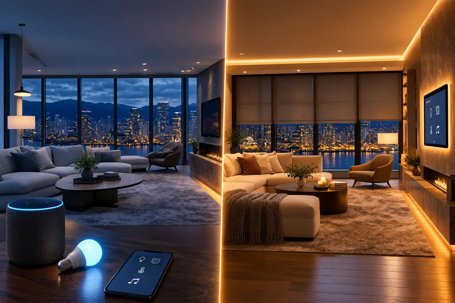 Split view of a Vancouver living room comparing standalone smart devices with fully integrated home automation