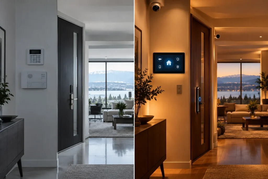 Split view of a Vancouver home comparing traditional security keypad with integrated smart home security