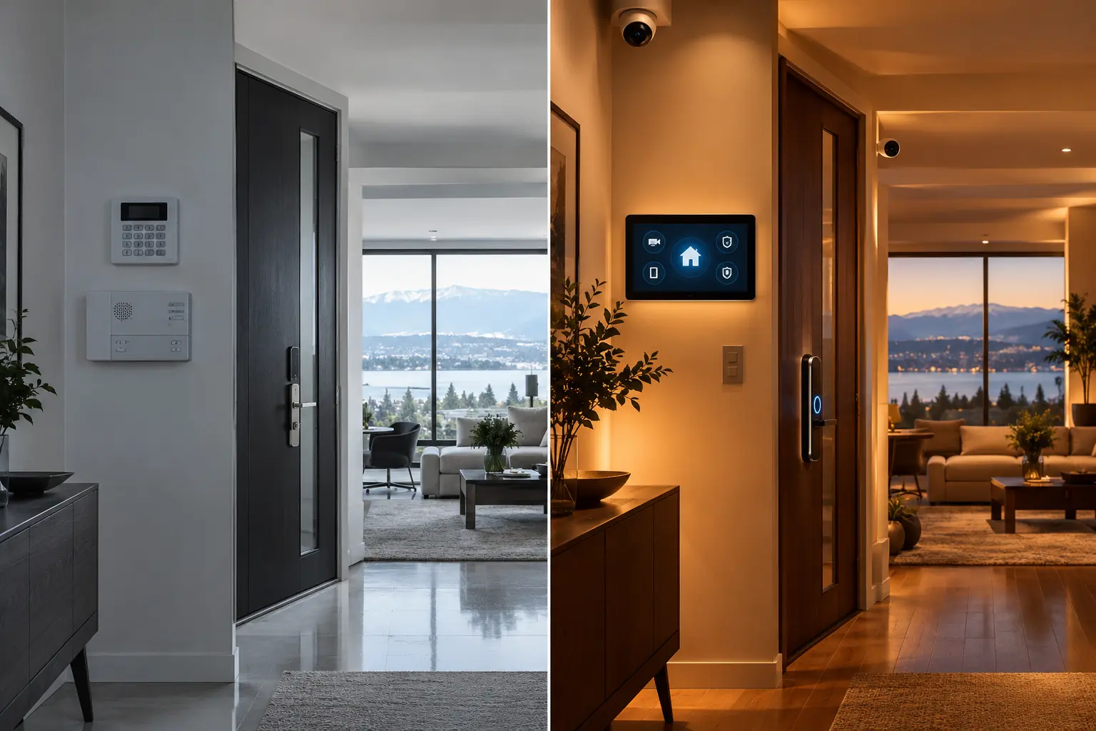 Split view of a Vancouver home comparing traditional security keypad with integrated smart home security