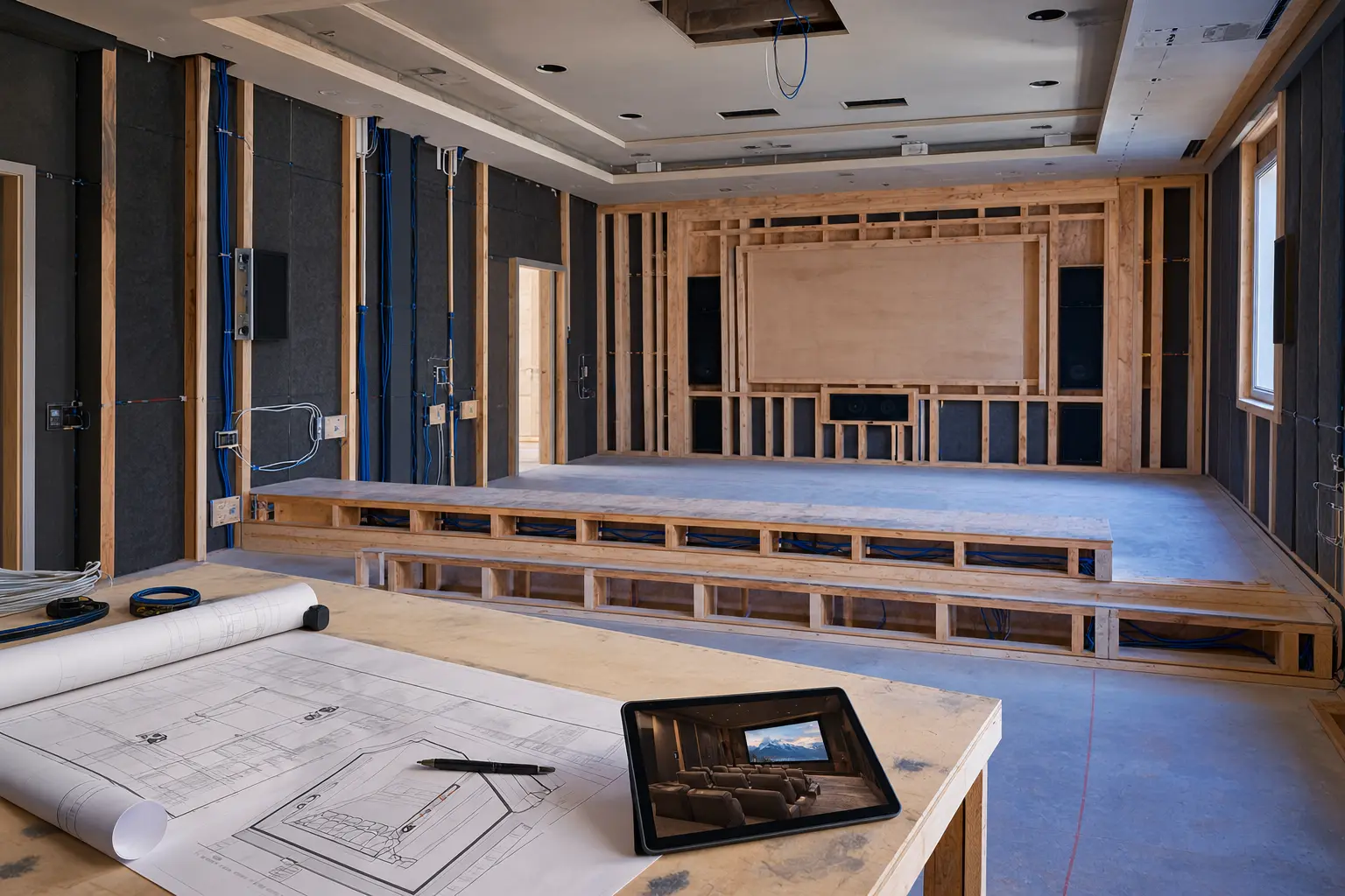 Home theatre in the planning and pre-wire stage with organized cabling and design plans
