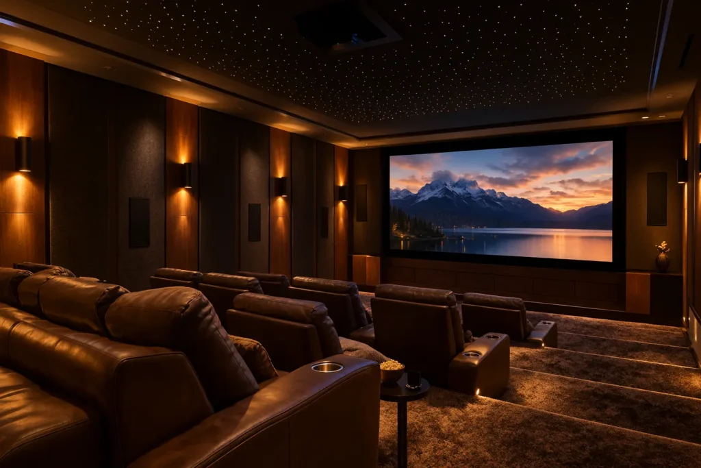 Luxury home theatre in Vancouver with tiered recliner seating and a large projection screen