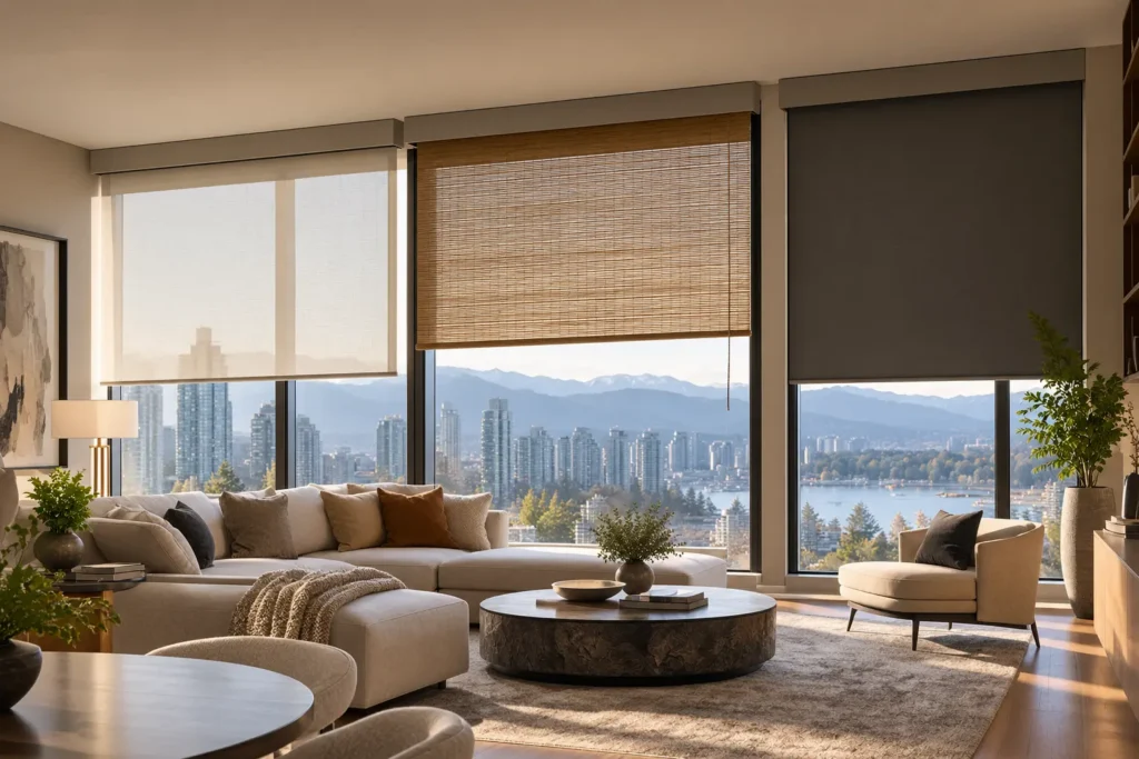 Vancouver living room with a variety of window coverings including sheer, woven wood, and blackout shades