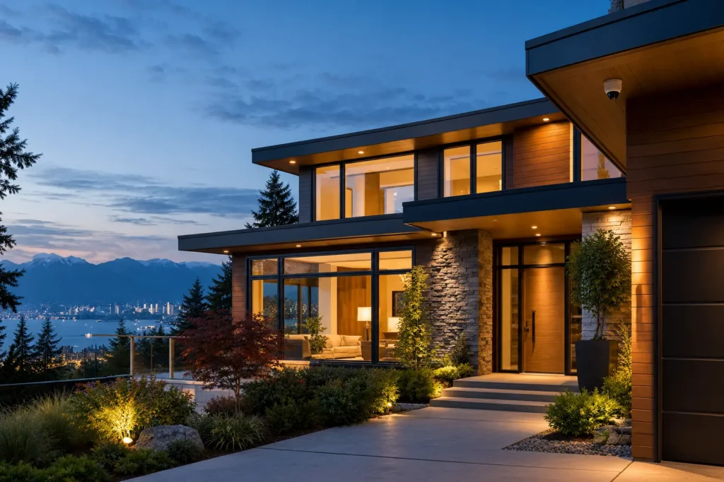 Luxury Vancouver home at dusk with discreet integrated security camera
