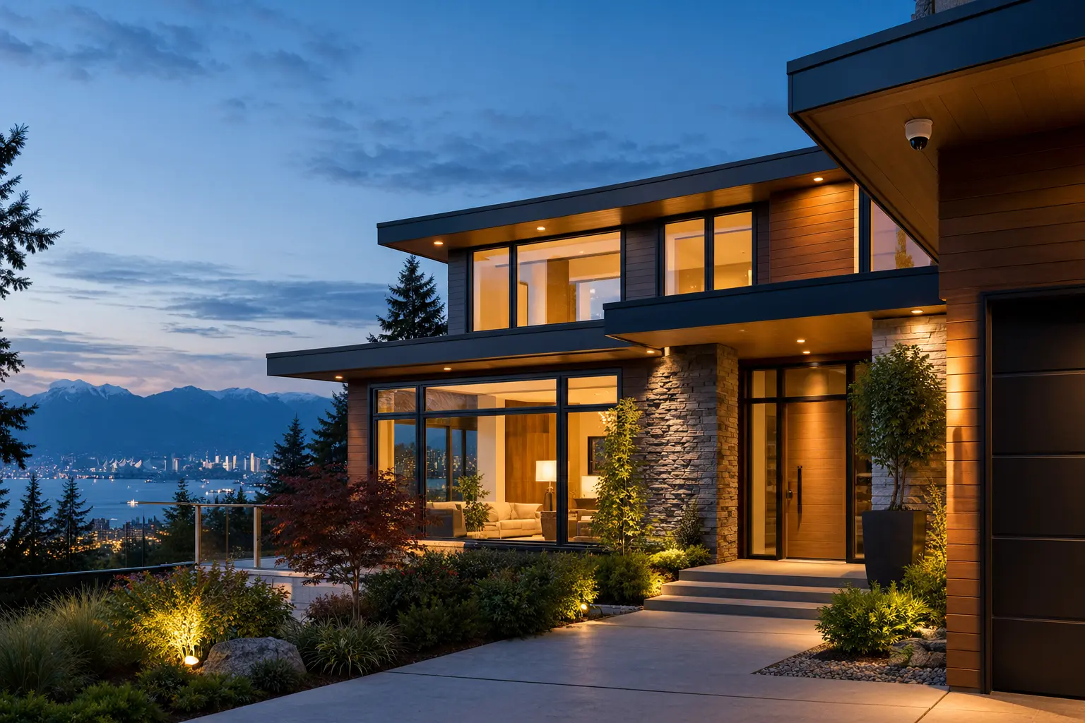 Luxury Vancouver home at dusk with discreet integrated security camera
