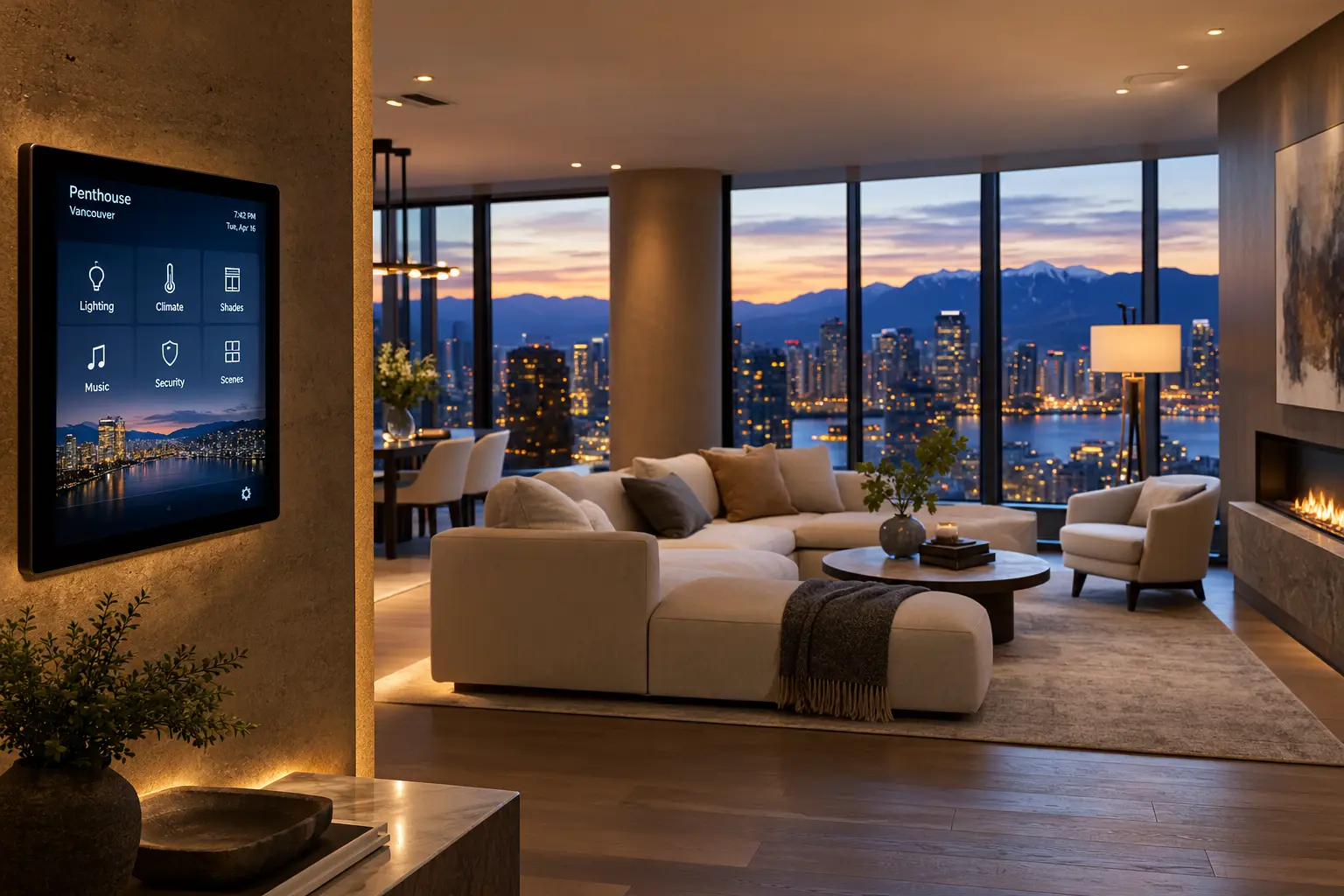 Luxury Vancouver penthouse living room with a smart home touchscreen control panel