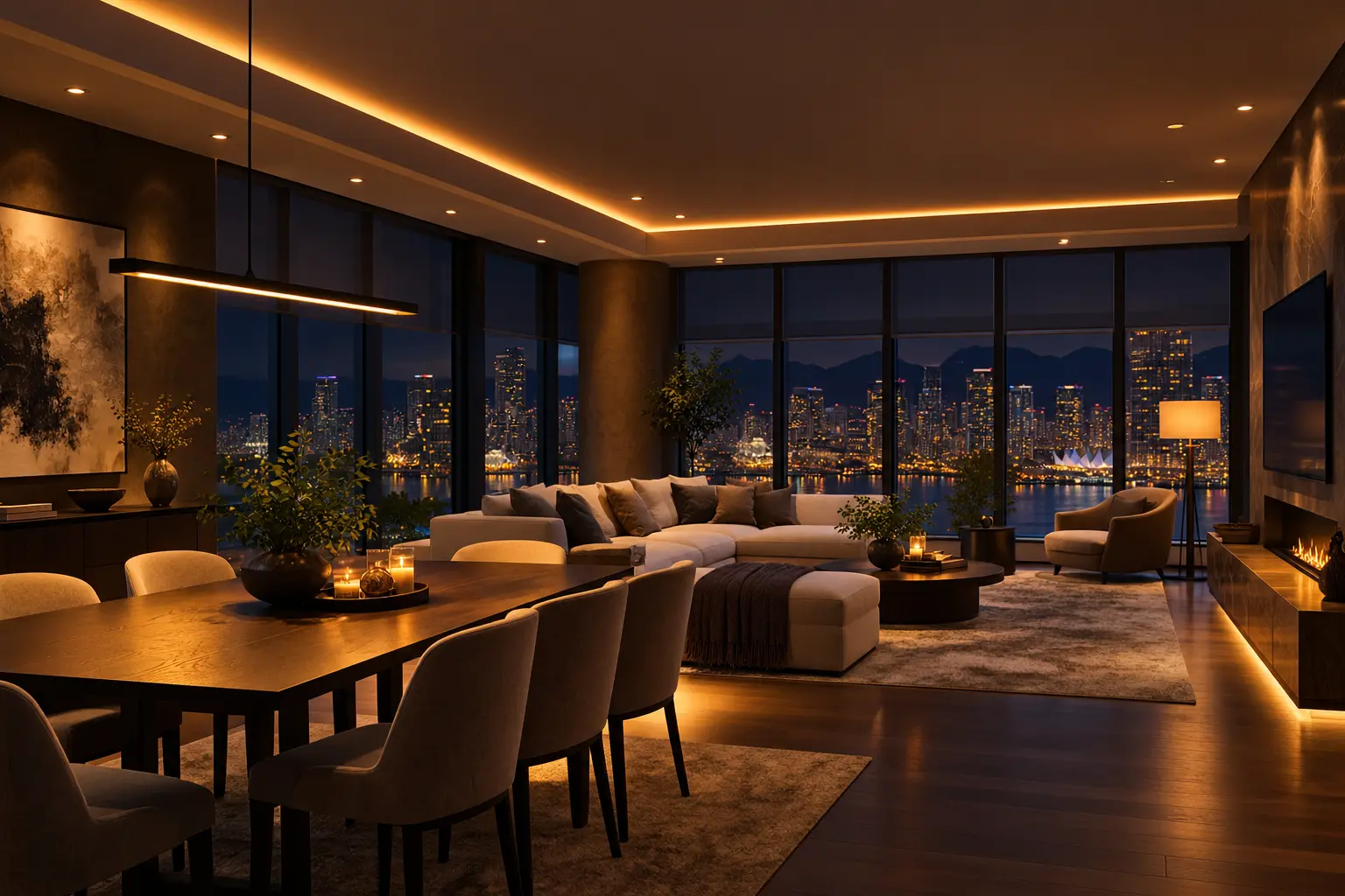 Layered smart lighting scenes in a Vancouver condo dining and living area