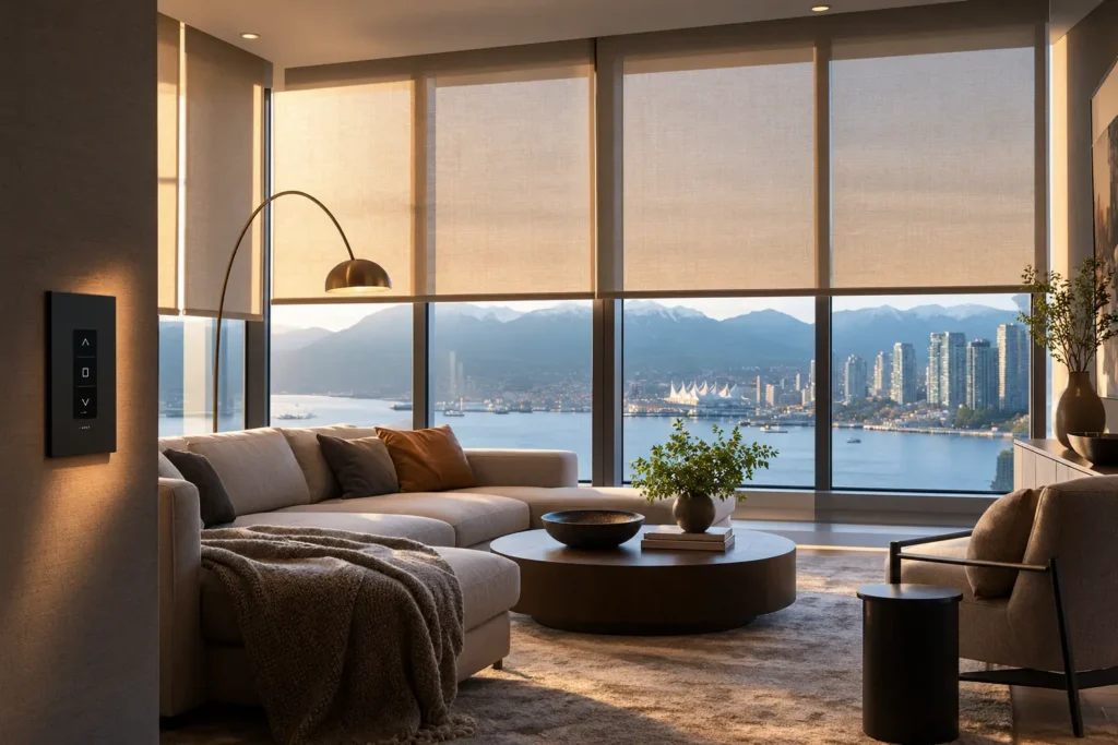 Motorized sheer roller shades in a Vancouver penthouse living room with harbour views