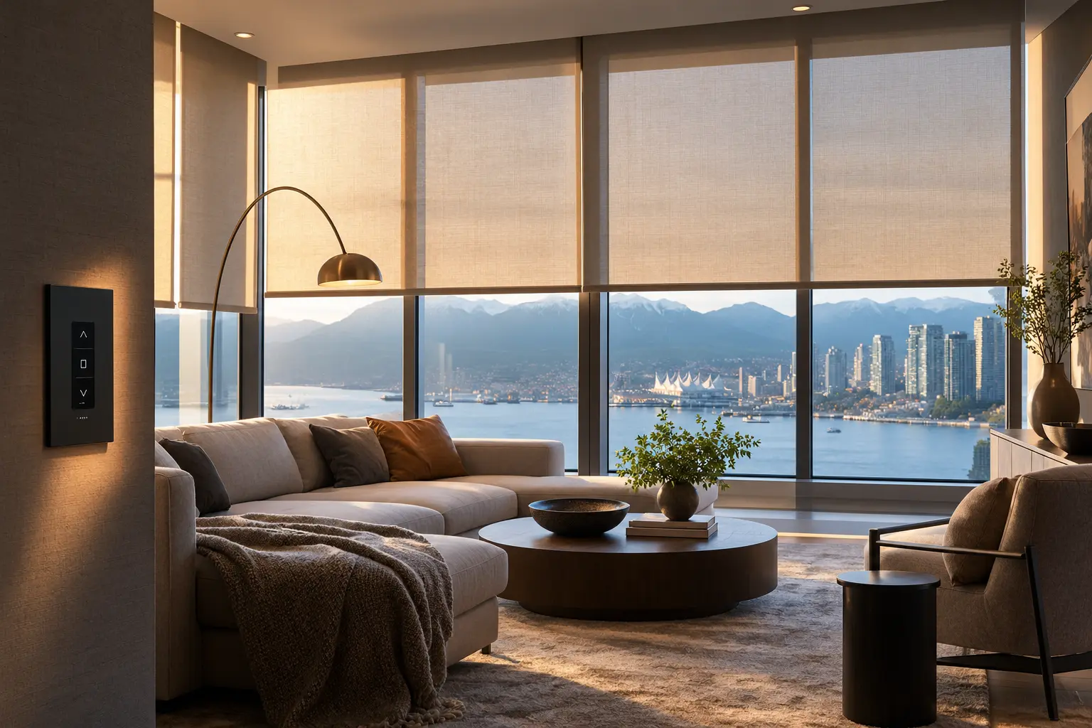 Motorized sheer roller shades in a Vancouver penthouse living room with harbour views